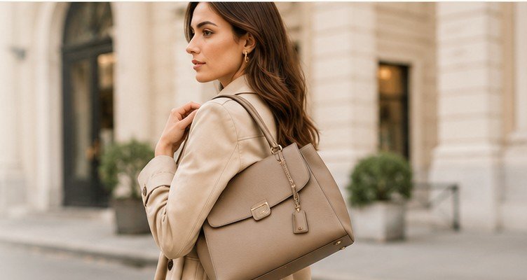 Woman carrying an elegant handbag in a neutral-toned city setting